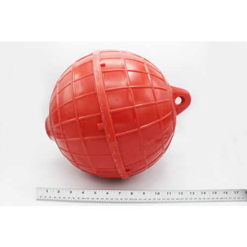 Hard Ball Buoy, 300MM Dia.. Hollow “Hard Ball” with rope loop and threads for screw in strobe light. Strobe sold separately. Available in red only. Manufactured in Taiwan. Sold individually.
